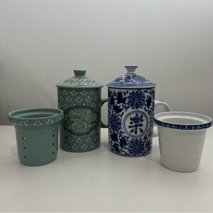 Pier 1 Imports Porcelain Tea Mugs Set Chinese Art Floral Blue Green with Lids